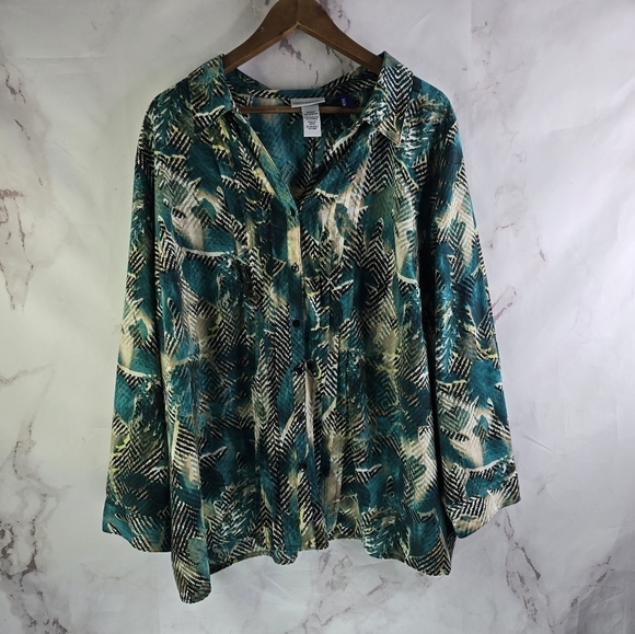 Catherines Tops - Catherines Shirt Womens 3X 26W 28W Green Blouse Button Up Long Sleeve Top